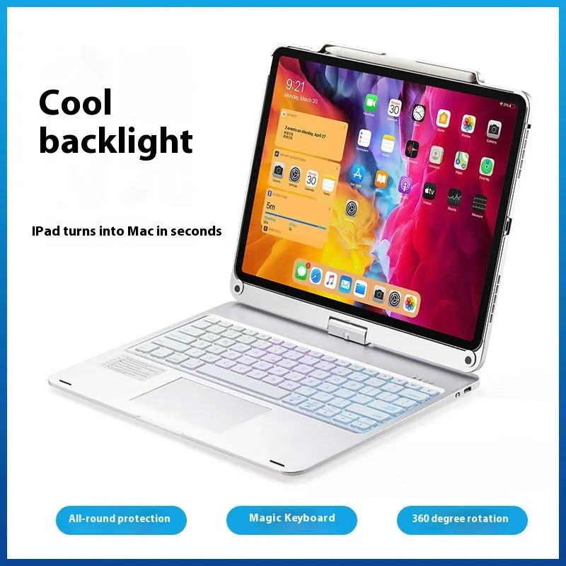 Miaocontrol silver Bluetooth keyboard with rotating stand holding an iPad tablet.