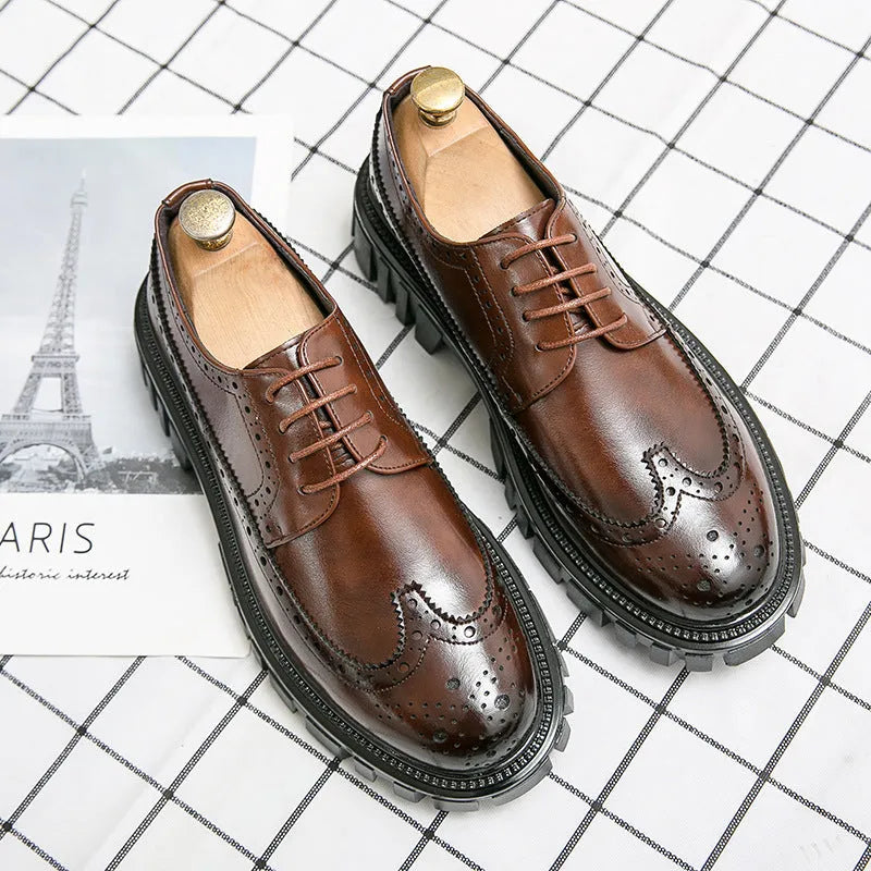 Men's black and brown brogue business shoes with artificial PU upper and round toe design