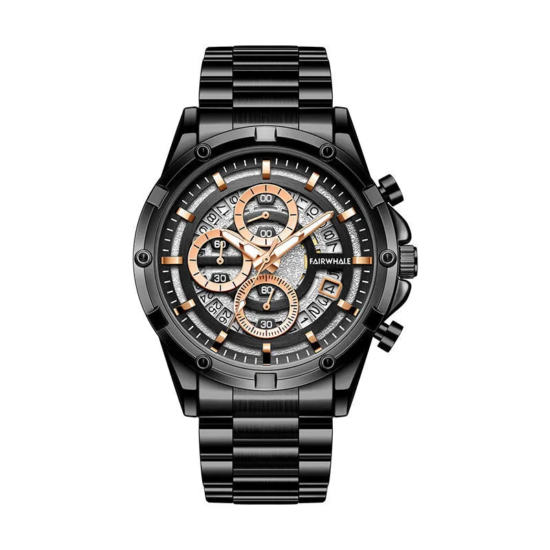 Men's waterproof luminous quartz watch with stainless steel band in black, gold, or silver colour options
