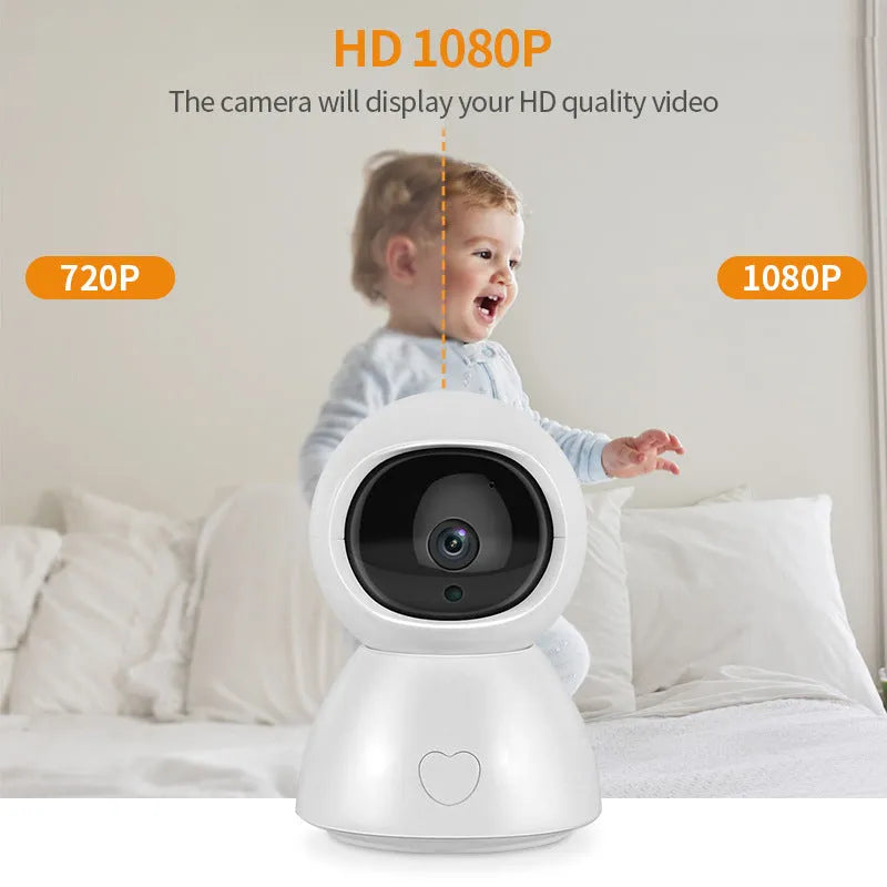 White 5-inch baby monitor surveillance camera with 3.6mm lens, 1080P resolution, and 100m infrared range.