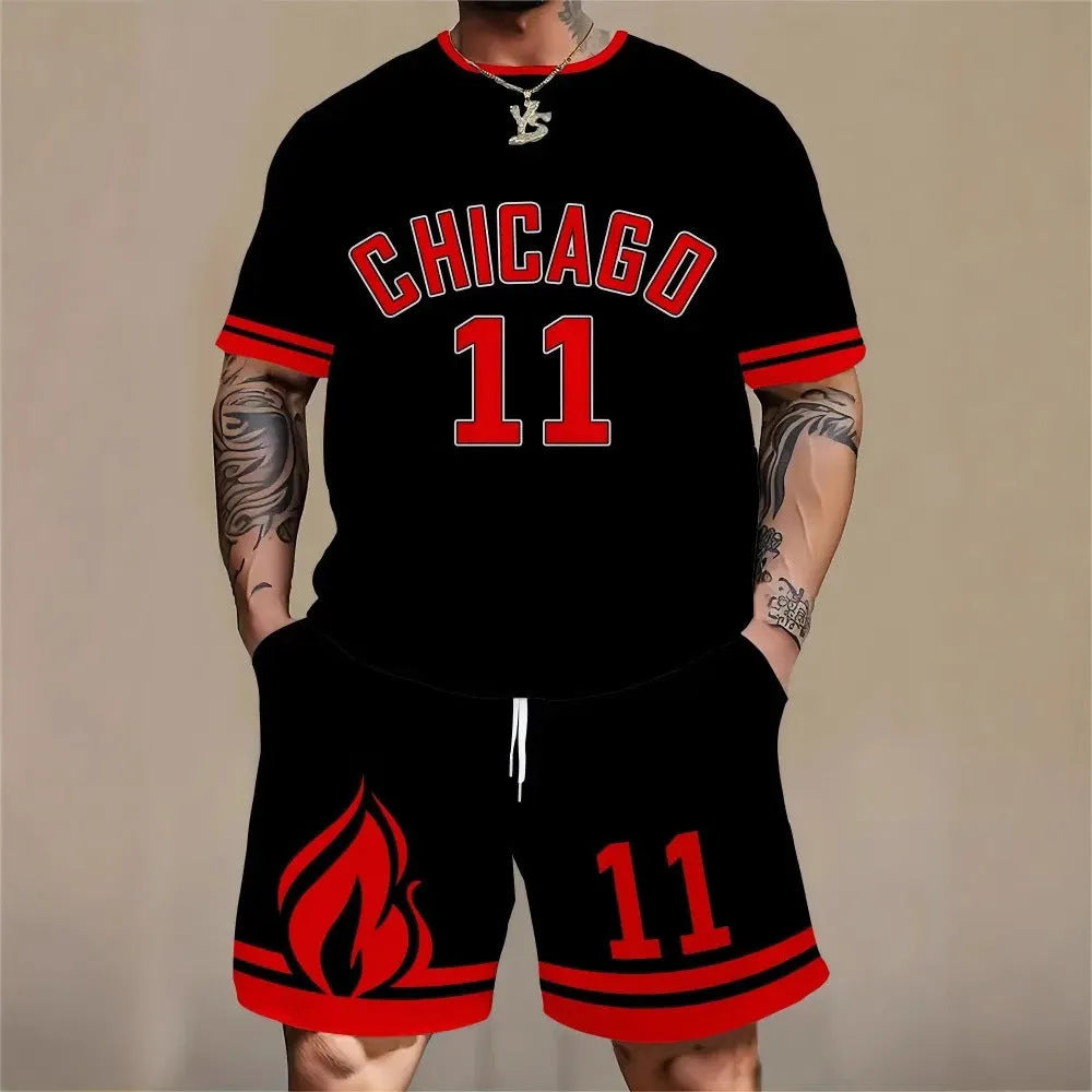 Man wearing a grey 3D printed letter short sleeve top and matching shorts from a sports co-ord set.