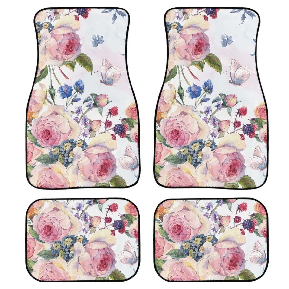 Black printed rubber car foot mat set with 20mm thickness, four-piece universal fit.