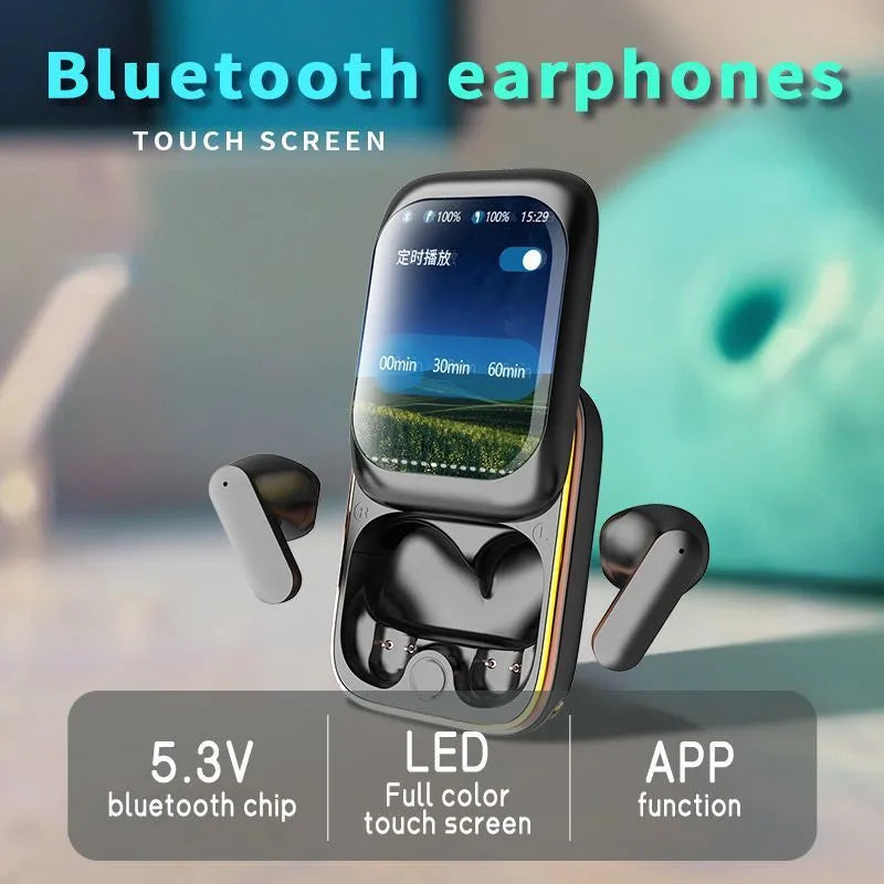 Touch high-definition large screen Bluetooth earphones in black with sliding touch control and 10m range.