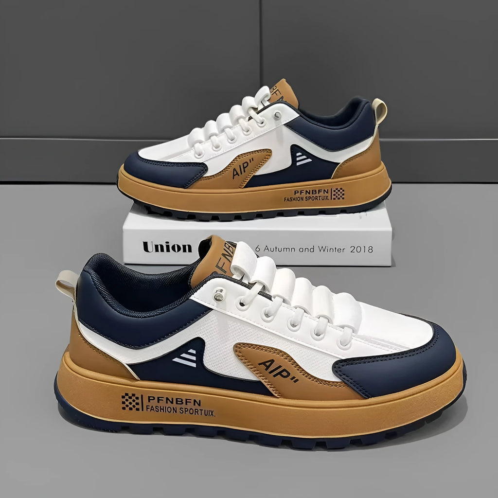 Men's casual shoes in artificial PU with round toe design, shown in white orange colour combination
