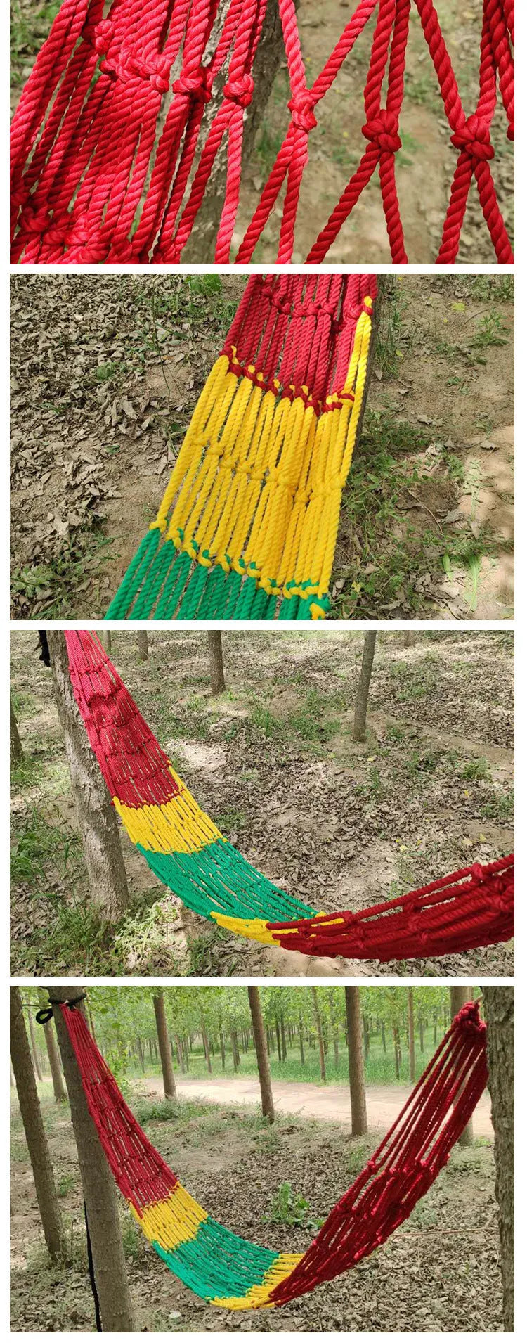 Outdoor nylon rope mesh hammock hung between two trees, showing its 1.1m width and included tying rope.