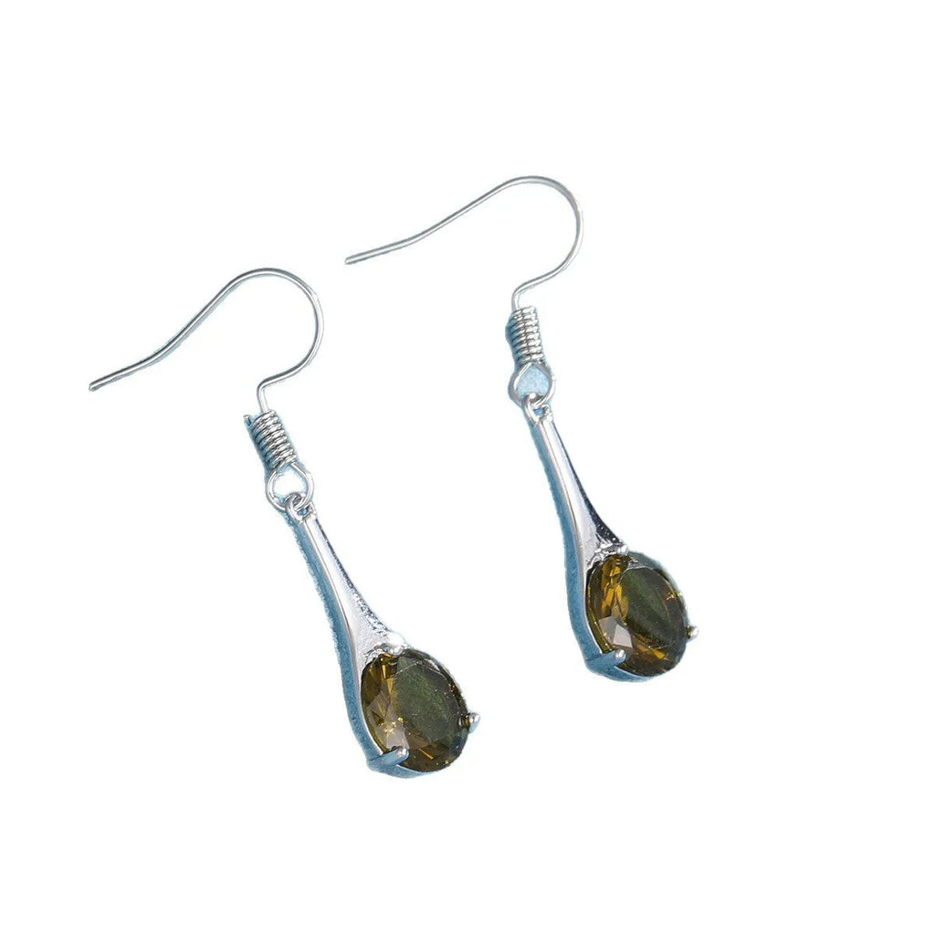Olive green topaz drop earrings with minimalist water drop shape and retro style