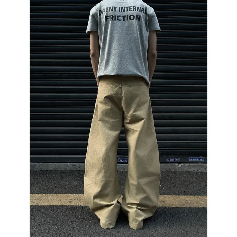 Men's khaki cotton straight-leg casual trousers in American retro style