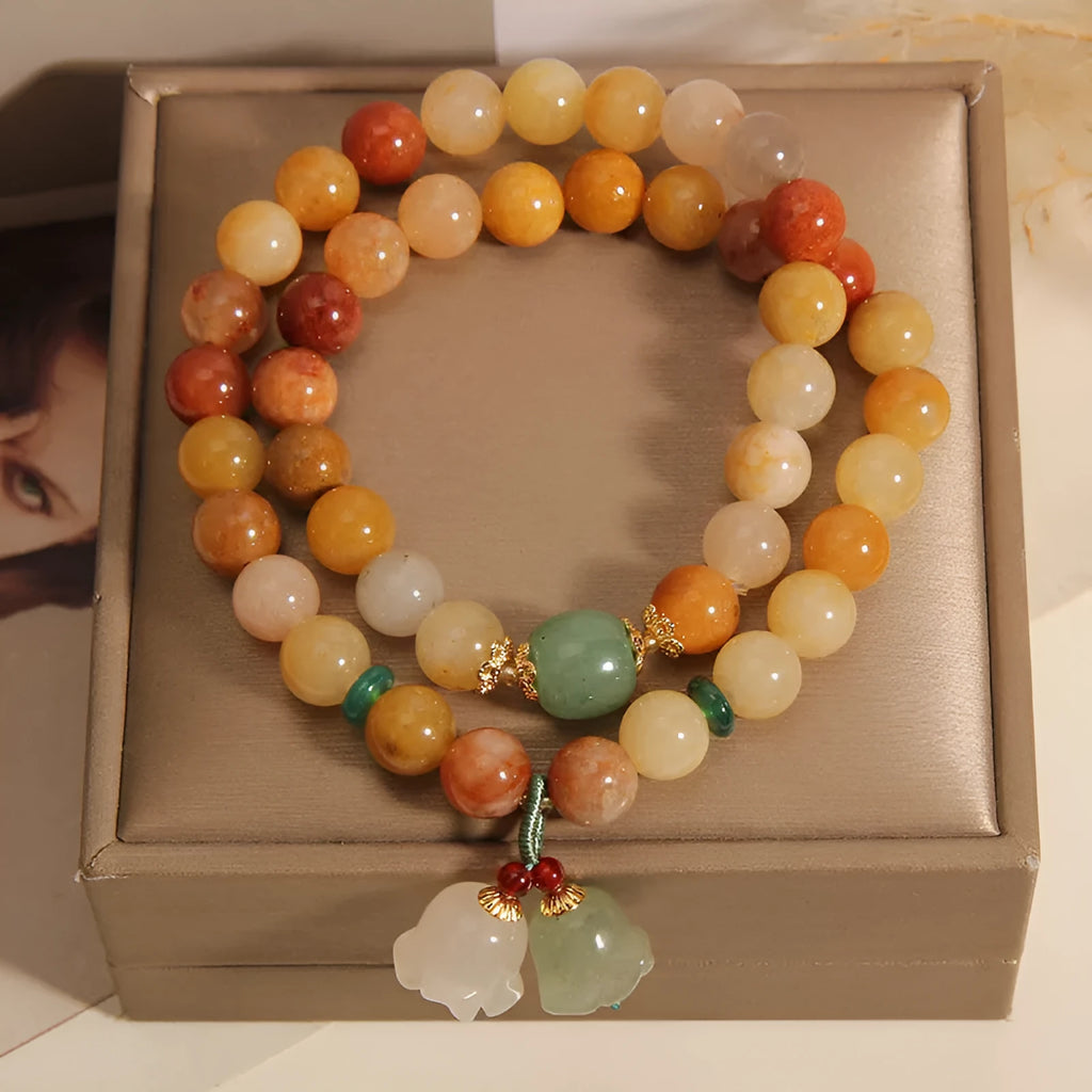 Natural jade multi-layer women's bracelet with orchid pendant charm on adjustable fastening