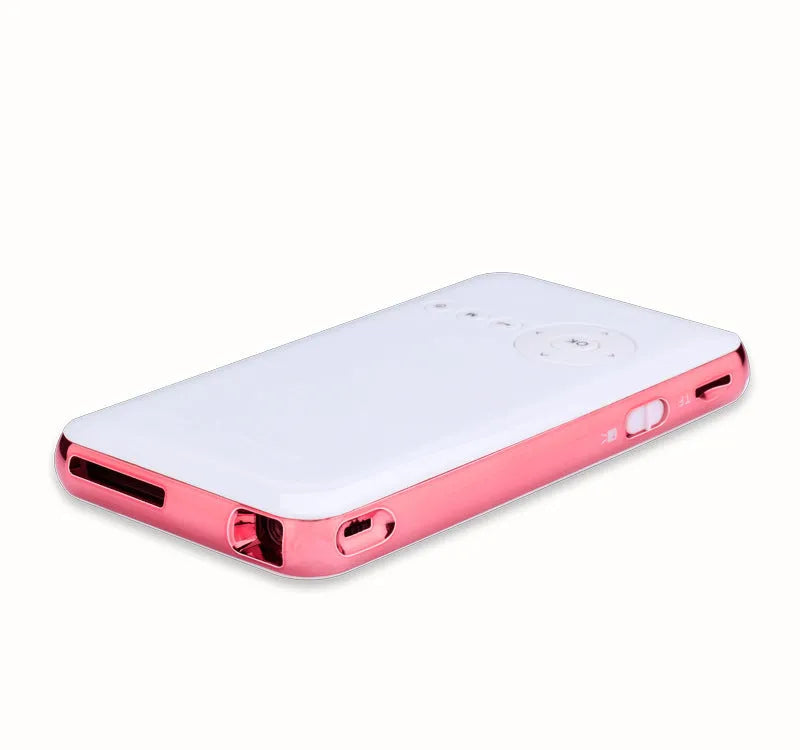 M6S miniature portable Android DLP projector in white rose gold, showing compact 145mm size