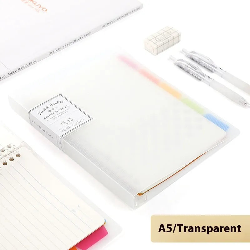 Refillable A5 and B5 spiral notebook with PP cover, shown in pastel cookie blue and plaid impression designs with loose-leaf paper.