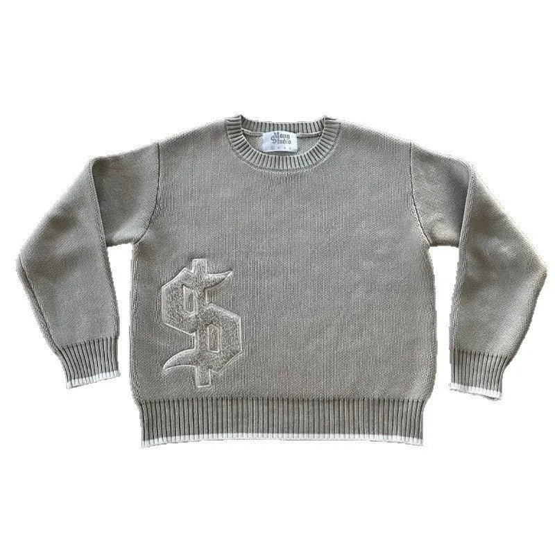 Grey loose-fitting jacquard knitwear coat with long sleeves