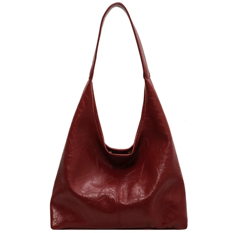 Soft leather large capacity shoulder bag in street trend style with sewing thread detailing