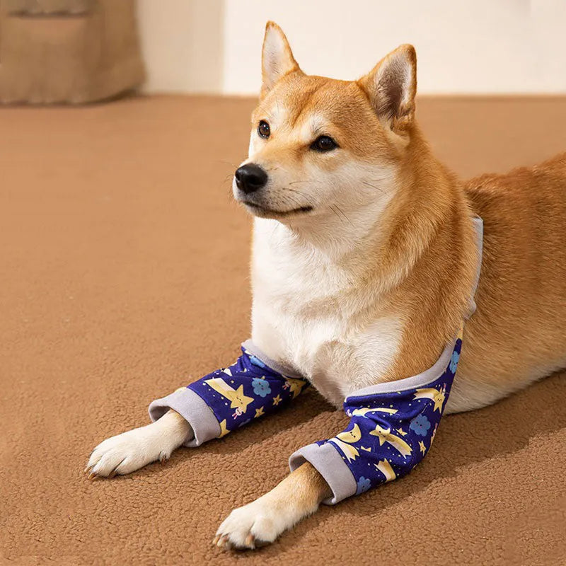 Adjustable dog knee protector wrap with thick elbow padding and matching scarf in blue, grey, or yellow