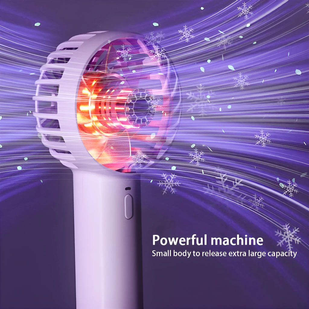 Portable handheld electric fan with colourful mini lamp, round handle, shown in beige, pink, or purple.