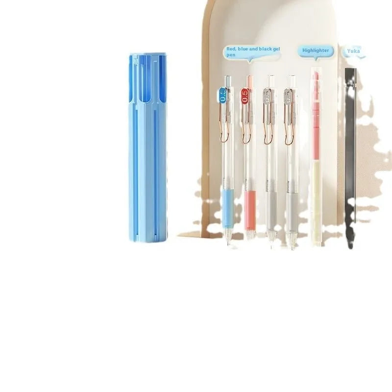 Plastic pencil case kit with pressing pen in sky blue, white or pink colour options