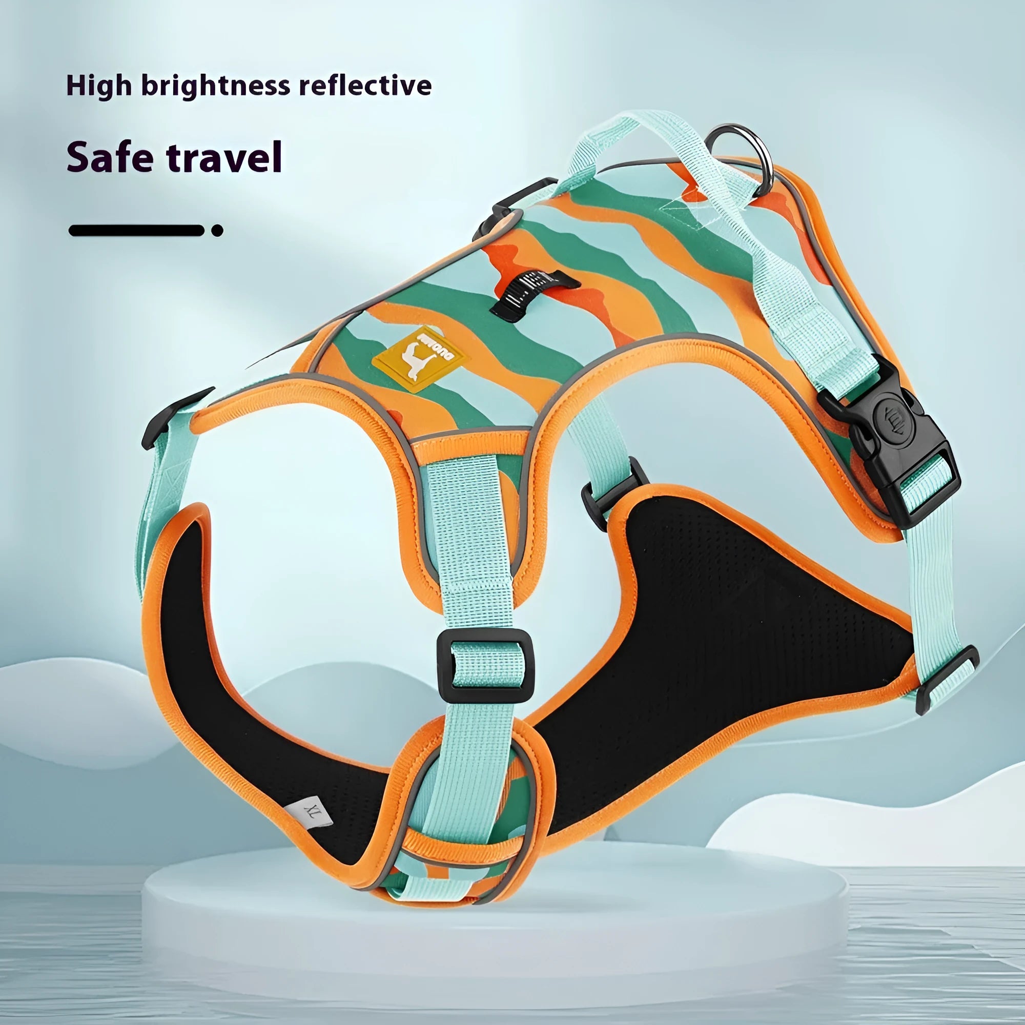 Orange reflective dog commuter rope with chest and back harness and hand-holding lead on a grey background