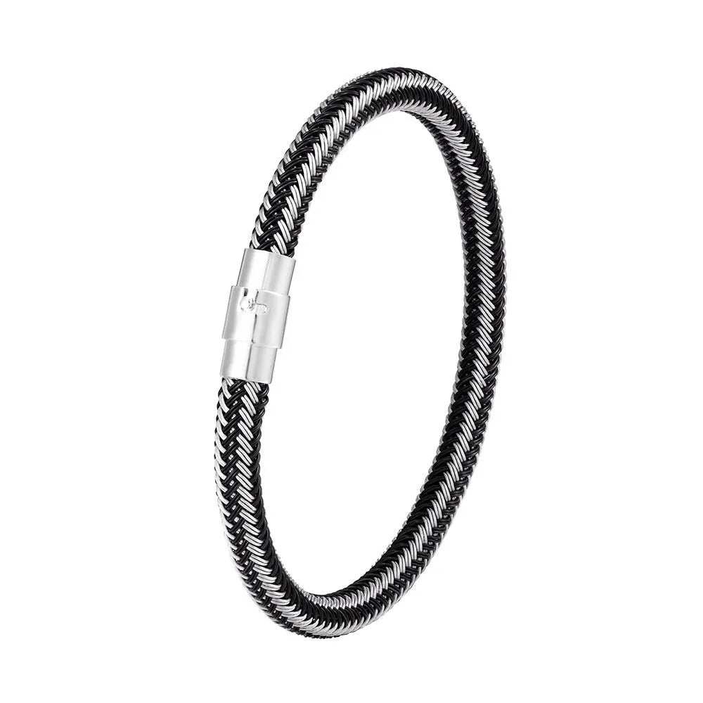 Geometric titanium steel wire bracelet with magnetic closure in silver tone