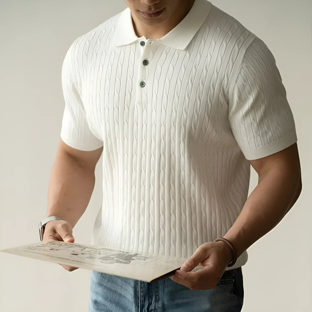 Men's short sleeve business top in khaki, black, and white with polyester wool blend fabric
