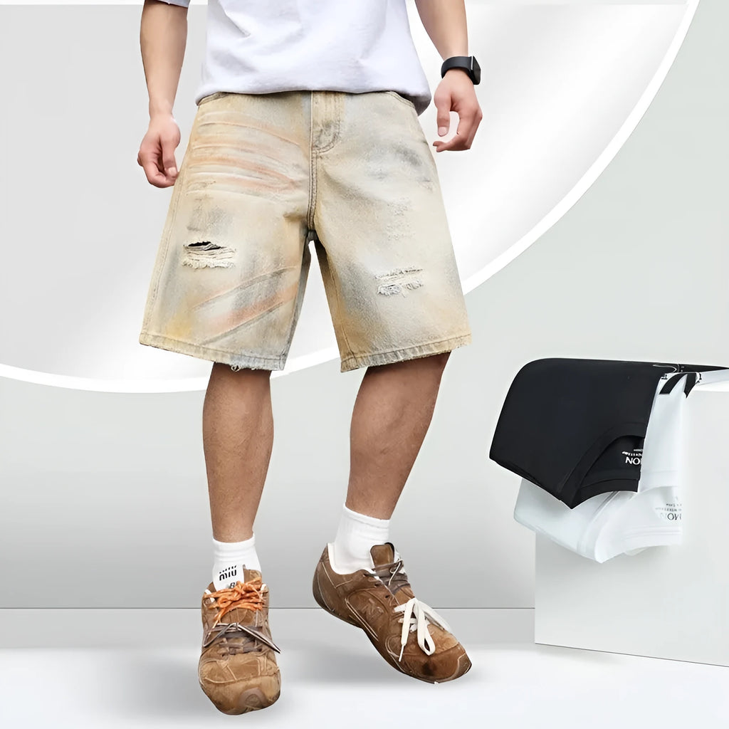 Light blue distressed denim shorts for men with straight-leg cut and mid-waist fit