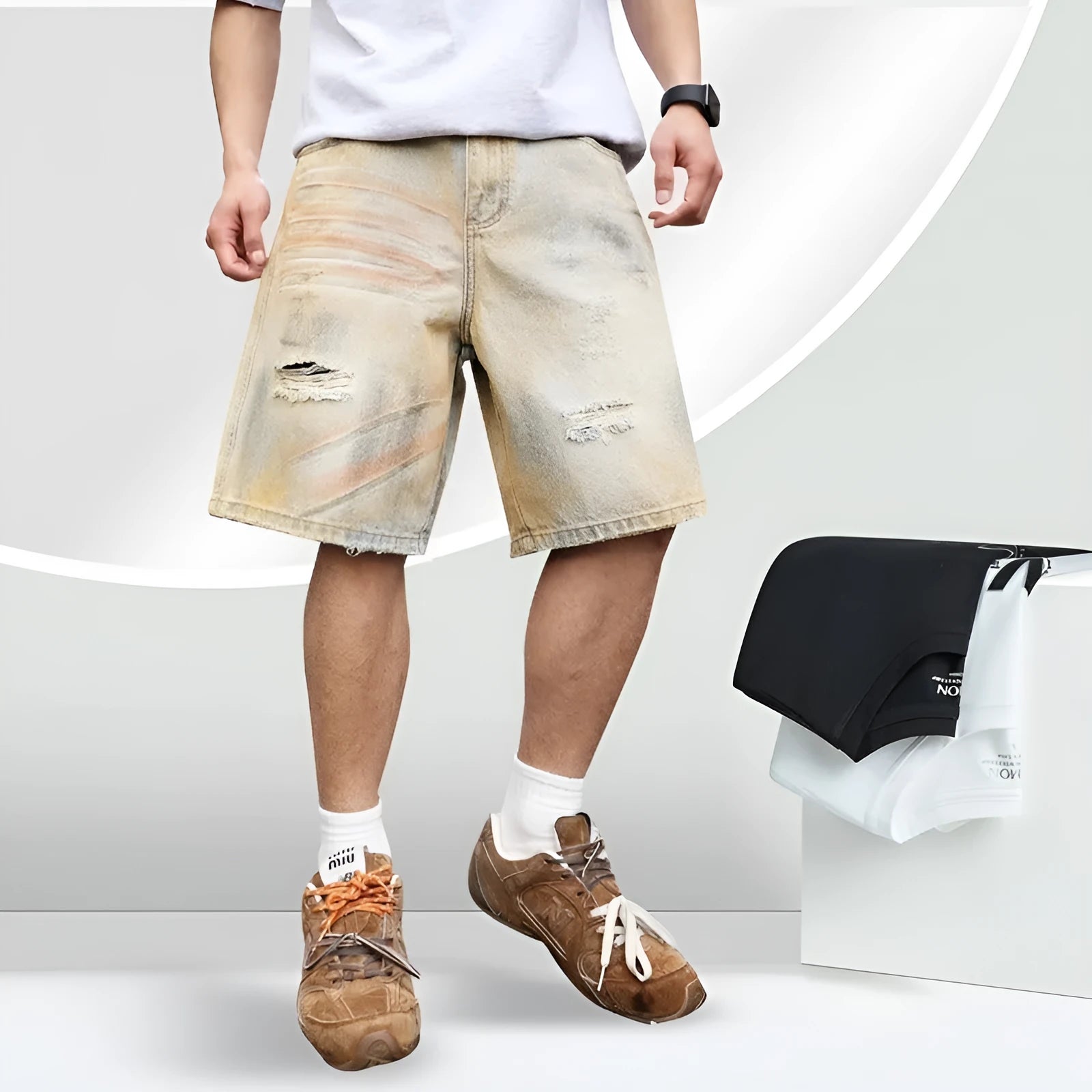 Light blue distressed denim shorts for men with straight-leg cut and mid-waist fit