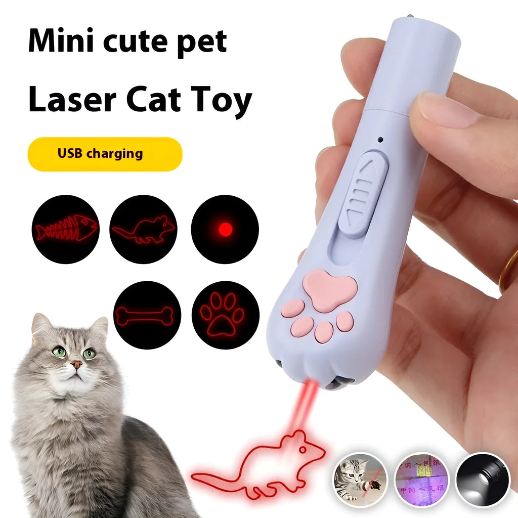 Infrared charging cat teasing stick toy with laser patterns in blue, pink, purple or white colour options