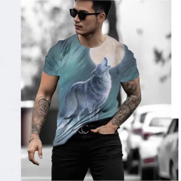 Men's short-sleeved T-shirt with retro 3D animal digital print on thin bird eye cloth polyester fabric