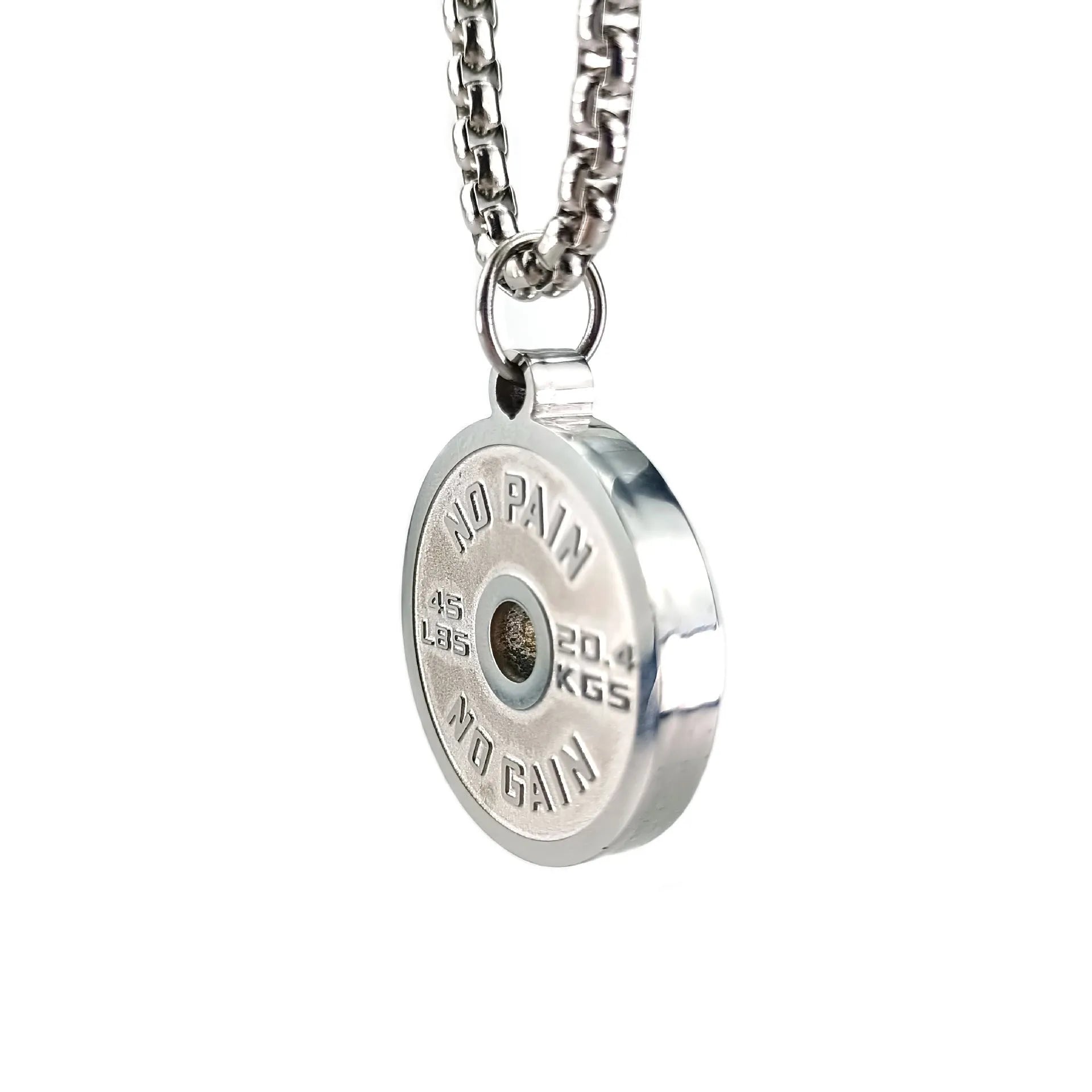 Stainless steel geometric barbell disk pendant necklace on a black chain, with gold and pearl chain options shown.