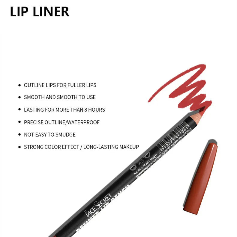 Matte lip liner pencil with 24-hour wear and cup transfer resistance in 14 shade options