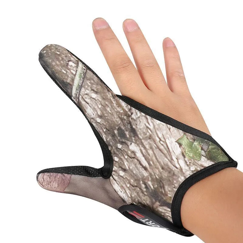 Single two-finger fishing glove with diving cloth back and microfiber palm in blue camouflage pattern