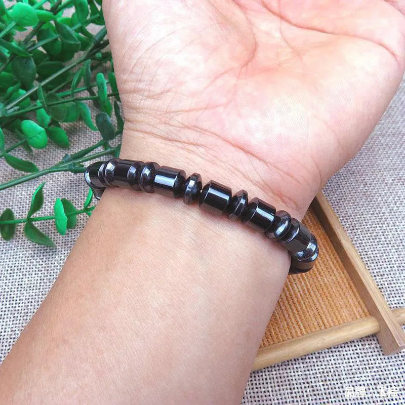 Black pentagram stone magnetic therapy bracelet with magnetite and hematite stretch design