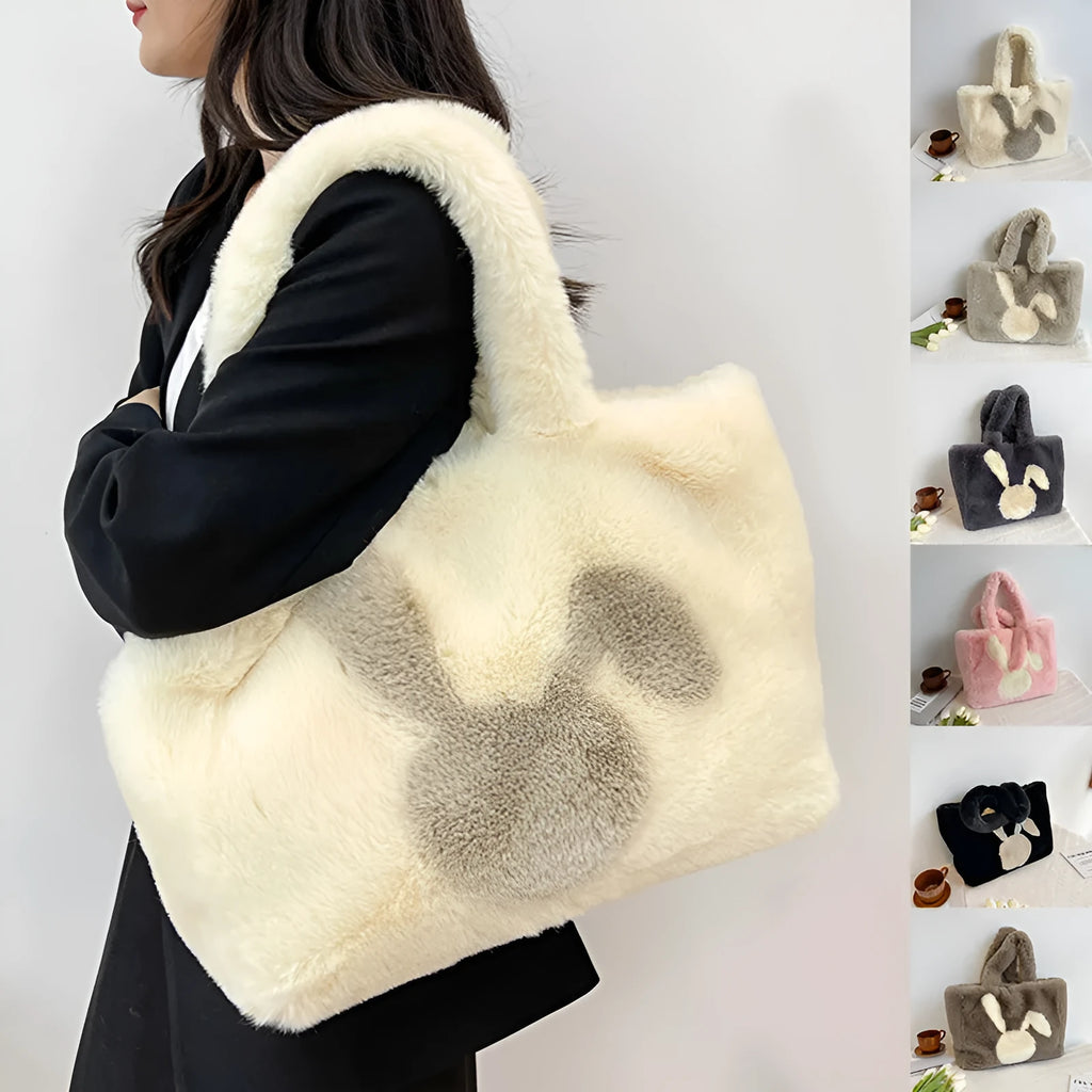 Cartoon rabbit ears design on a solid colour plush tote bag for women.