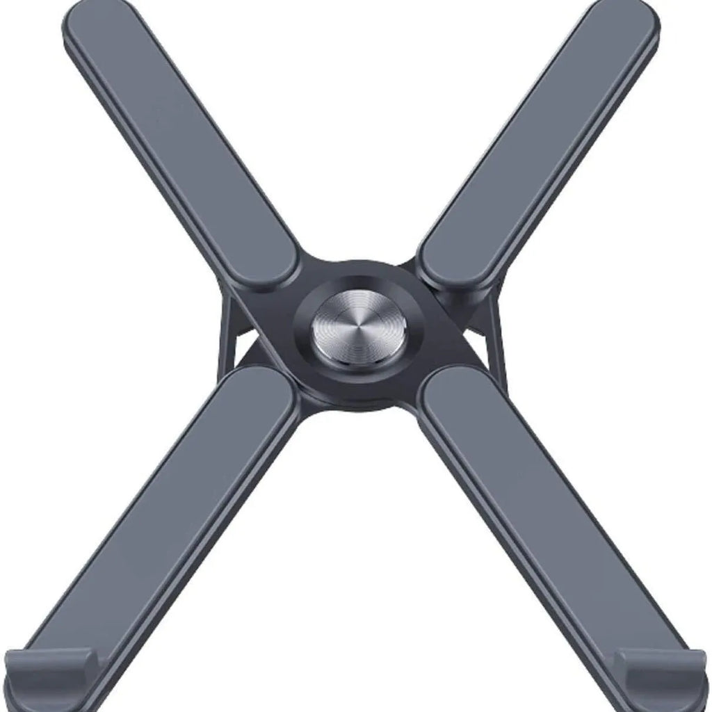 Foldable aluminium alloy laptop stand with 280mm base plate in silver or black, folded size 280 x 23.5 x 46.5mm.
