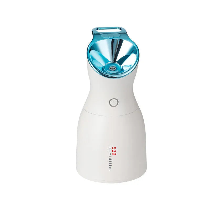 Large capacity 520 beauty humidifier in pink, red, or blue, plastic desktop unit measuring 107mm x 99mm x 196mm