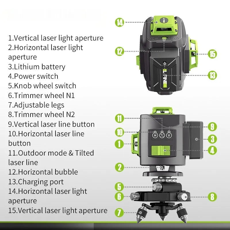 Green 16-line 3D self-levelling laser level tool on a work surface.