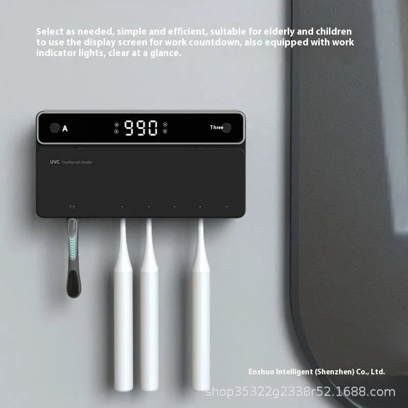Black wall-mounted toothbrush sterilizer with UV disinfection, automatic drying, and drill-free 3M adhesive fitting