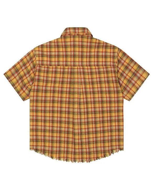 Yellow check plaid shirt with embroidered pocket detail on chest, short sleeves, loose fit casual style