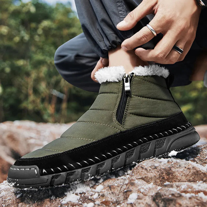 Men's plus size winter snow boots in green with round toe, flat heel, and a non-slip rubber sole.