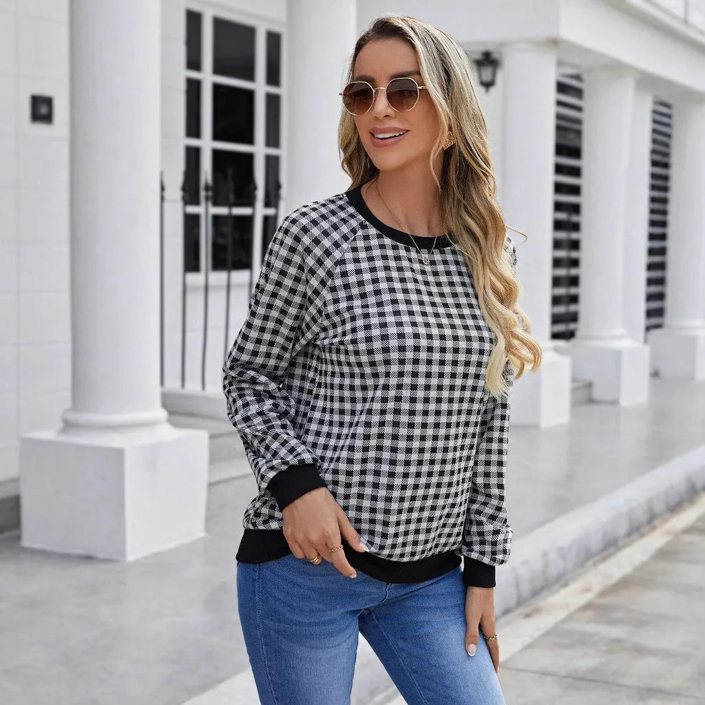 Black Japanese plaid and stripe print pullover sweater with long sleeves