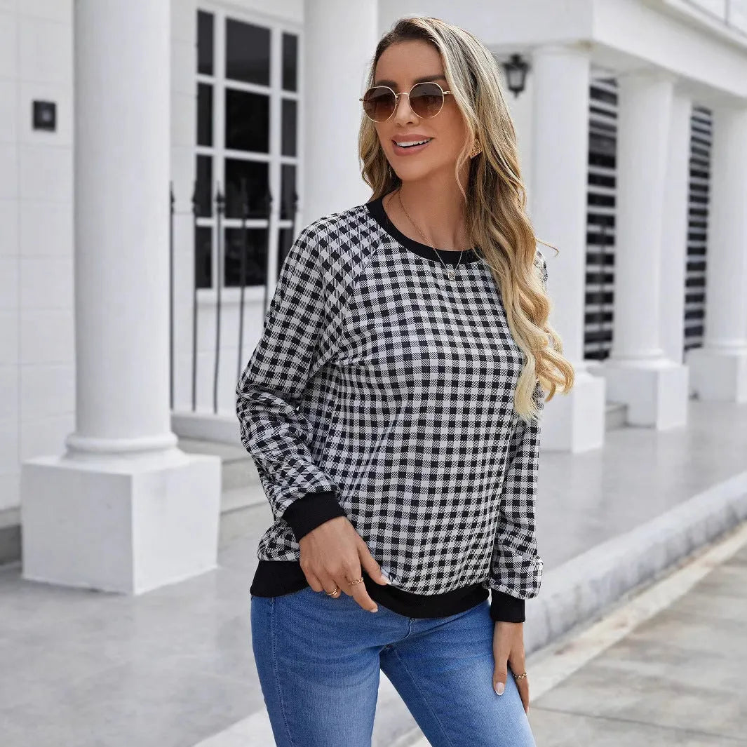 Black Japanese plaid and stripe print pullover sweater with long sleeves