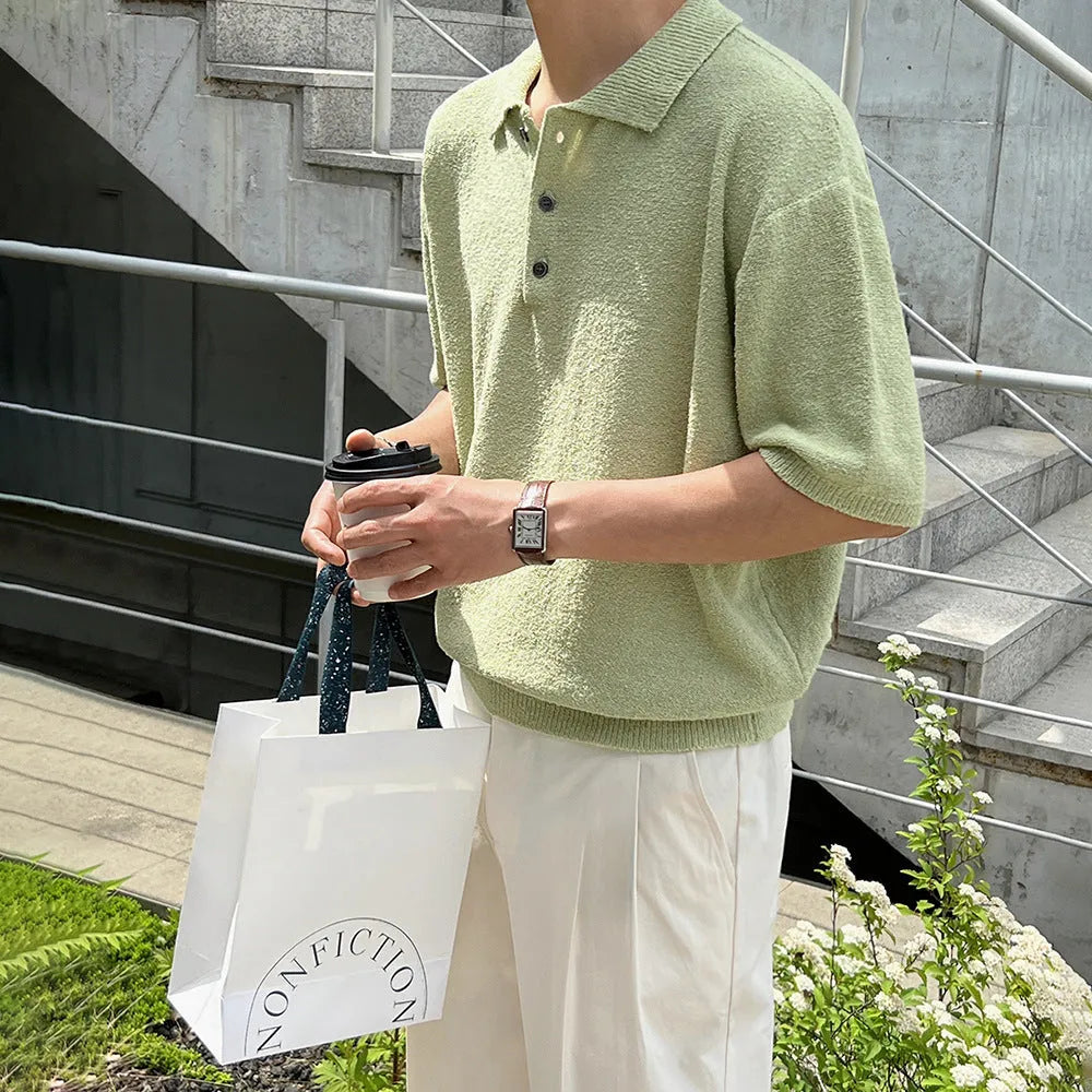 Retro knitted polo shirt for men with asymmetric design in caramel colour