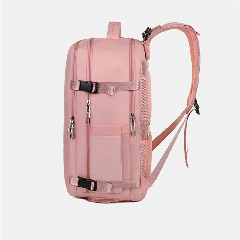 Purple waterproof travel backpack with multiple compartments showing 36-55L capacity