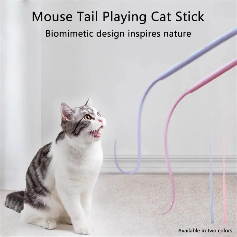 Blue cat teaser toy with silicone mouse tail and cat head handle for interactive play