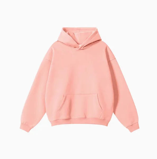 Men's loose fit cotton hooded sweater in a solid colour, showing drop-shoulder sleeves.