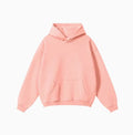 Men's loose fit cotton hooded sweater in a solid colour, showing drop-shoulder sleeves.