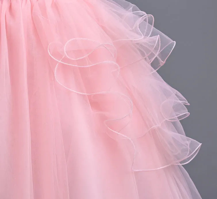 Girls Western-style princess dress in polyester fiber, available in white, light pink, blue, and Champagne, sizes 110 to 160