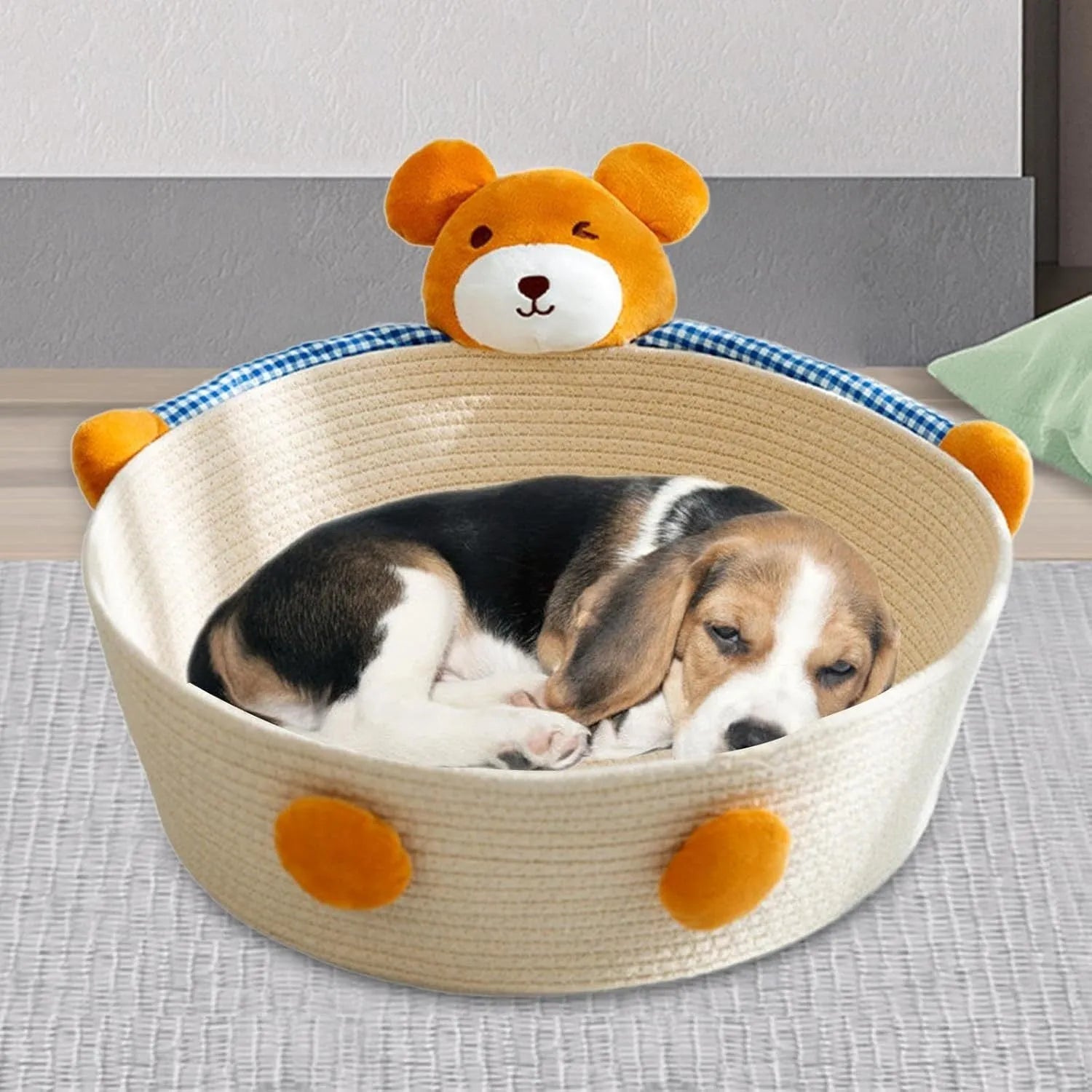 Cotton rope woven cat bed and scratching board in rabbit design showing basket shape with integrated scratching surface