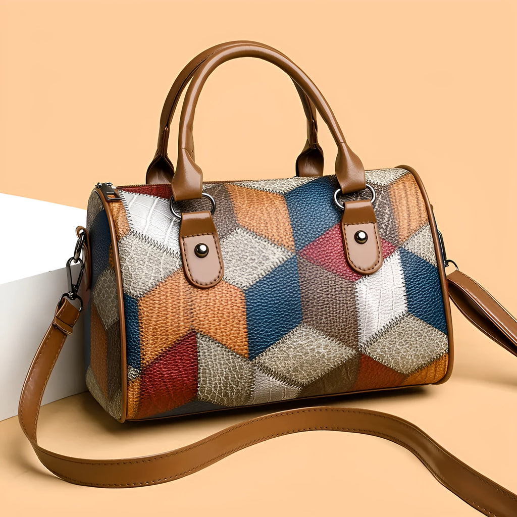 Cylinder crossbody shoulder bag in black or brown PU with plaid geometric pattern and single strap