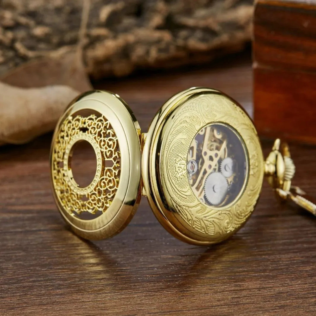 Retro floral print automatic mechanical pocket watch in alloy case with transparent back.