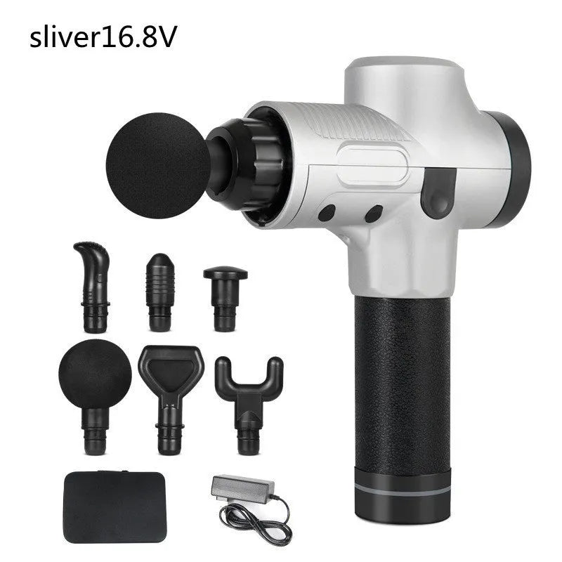Electric muscle massage gun with multiple head attachments on black background