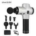 Electric muscle massage gun with multiple head attachments on black background